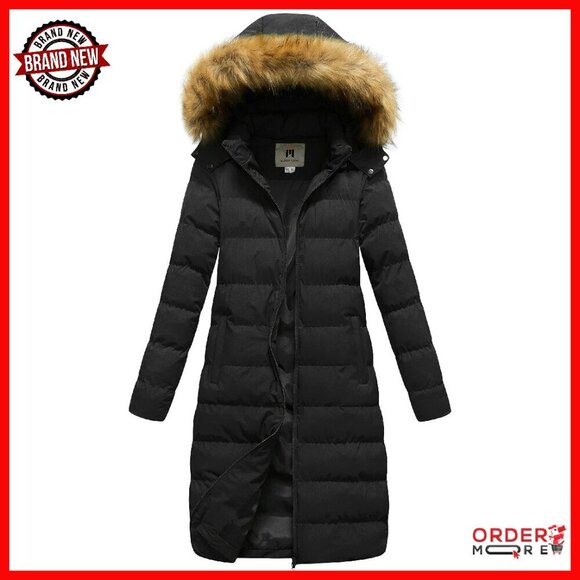 Long Winter Faux Fur Puffer Coat with Detachable Hood Slim Fit